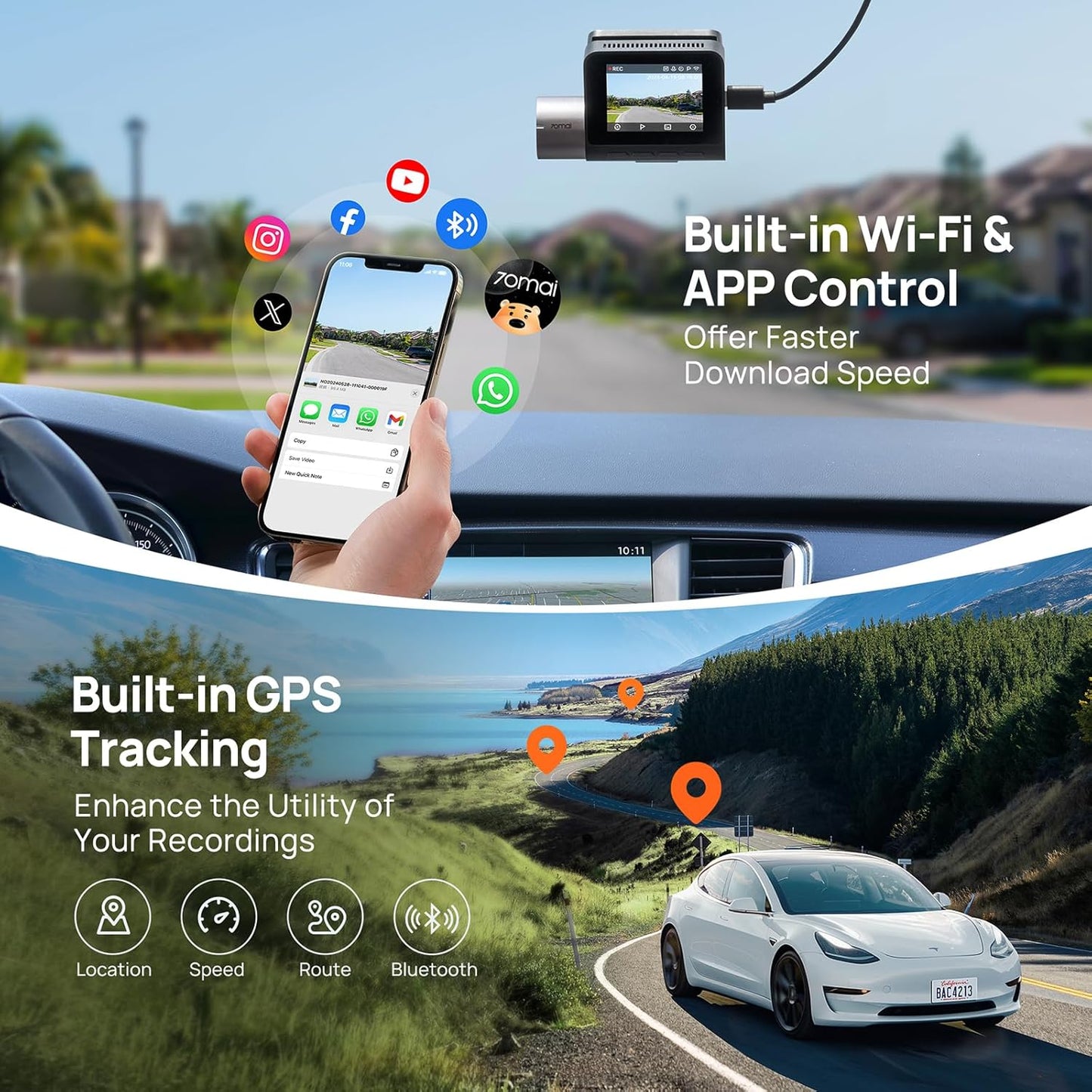 Camera Auto Fata Spate 70mai Dash Cam A510, 3K, GPS, Wi-Fi, Afisaj 2inch